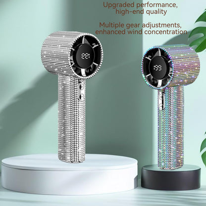 مروحة يد محمولة مرصعة بالكريستال وشاشة رقمية .